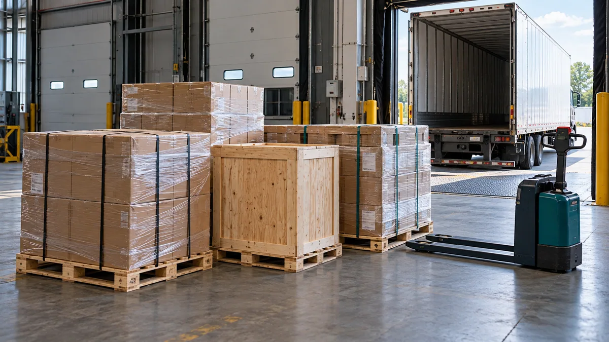 Illustrative secured commercial pallets, a wooden crate, and electric pallet jack at a loading dock